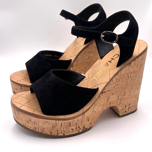 CHANEL Suede Kidskin Wedge Sandals in Black - Picture 1 of 8